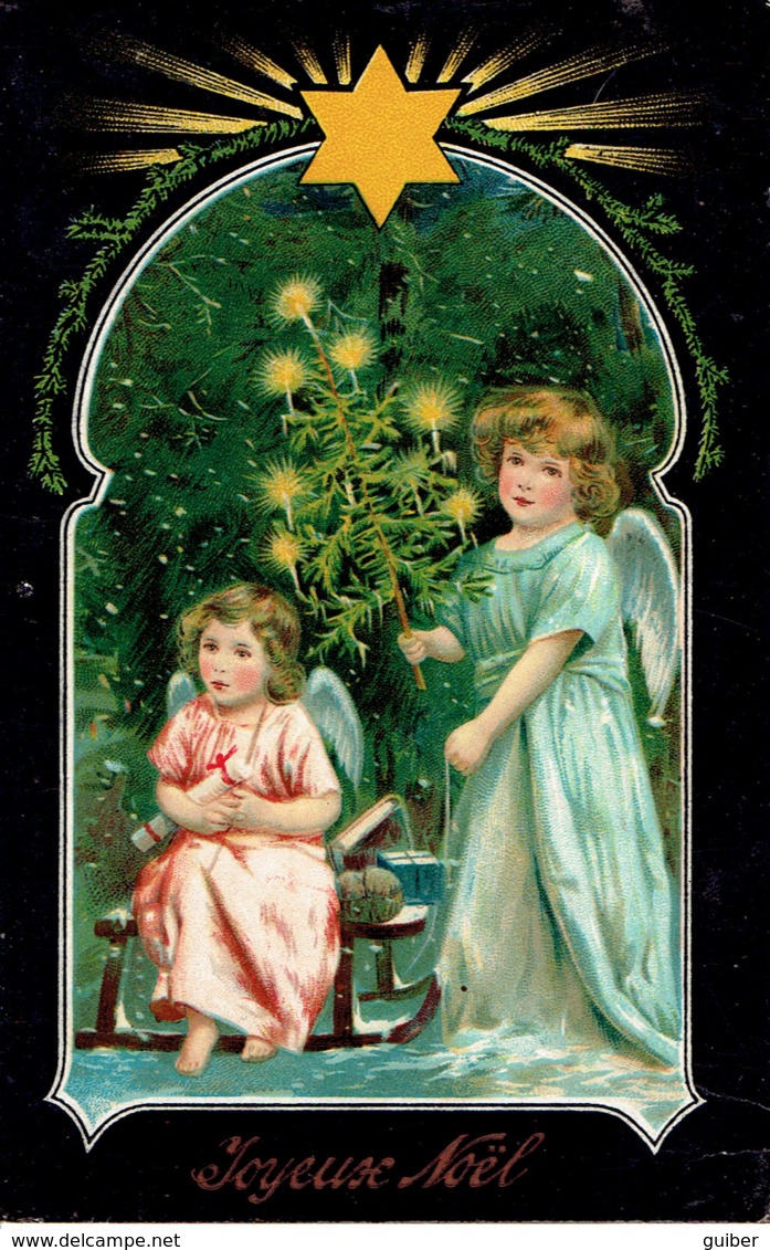 Joyeux Noel Enfants Angelots Creche Nativité Sapin Etoile Carte Glaçée 1908 - Portretten