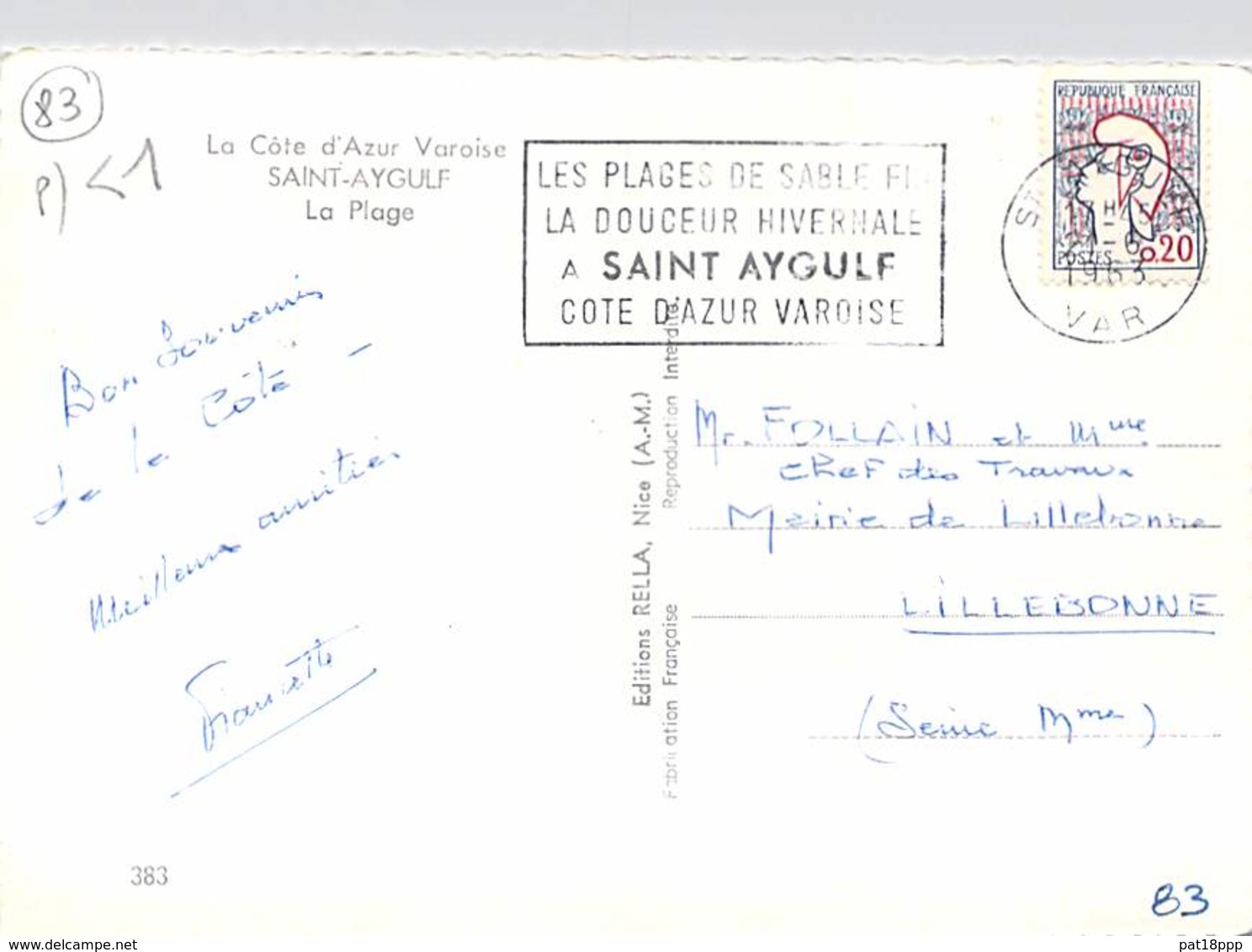 83 - SAINT AYGULF ( FREJUS ) La Plage " Bleu Blanc " CPSM Dentelée Noir Blanc Grand Format Postée 1963 - Var - Saint-Aygulf