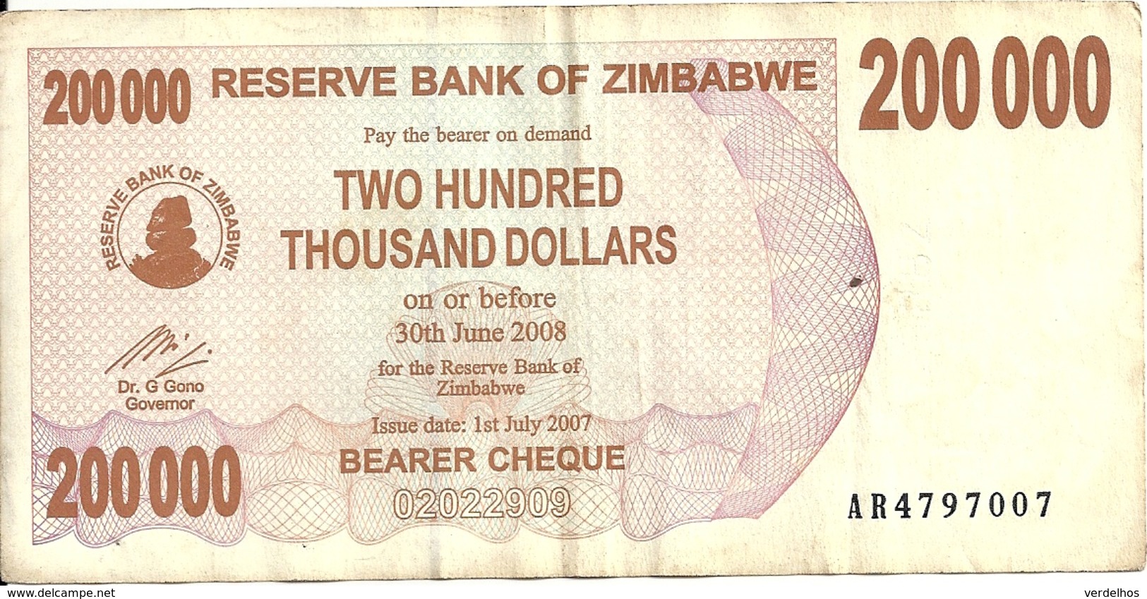 ZIMBABWE 200000 DOLLARS 2007 VF P 49 - Simbabwe