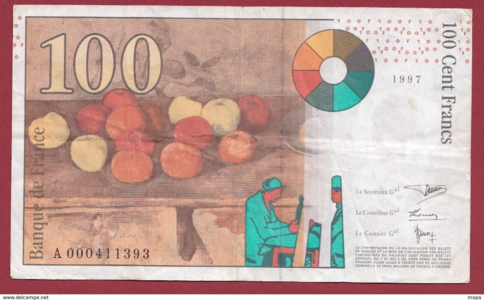 100 Francs "Cézanne" 1997 ---TB--ALPH -A- Numéro .000411393---PREMIER MILLION - 100 F 1997-1998 ''Cézanne''