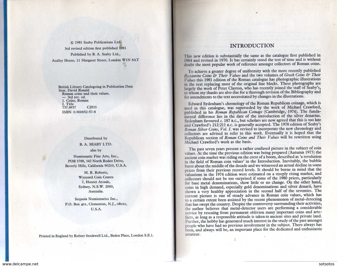 Roman Coins And Their Values: David R. Sear - Third Revised Edition 1981, Seaby - 376 Pages + 12 Pages Of Photos, In Ver - Antiquità