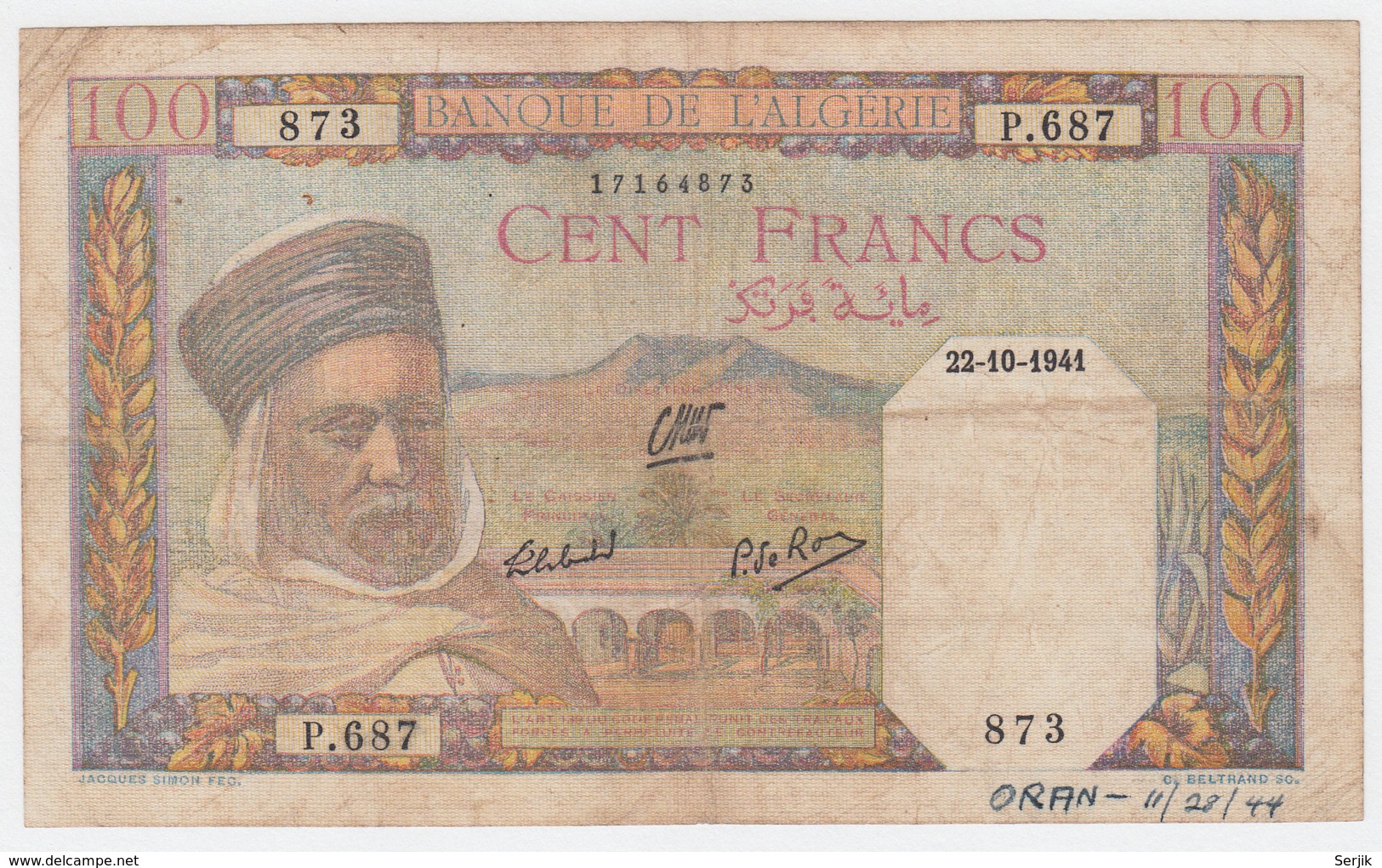 Algeria 100 Francs 1941 VG Banknote Pick 85 - Algerien