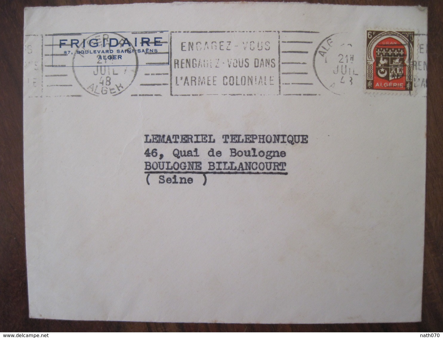 Algérie 1948 Publicité Frigidaire Engagez Vous Rengagez Vous Dans L'armée Coloniale Lettre Enveloppe Cover Colonie - Storia Postale