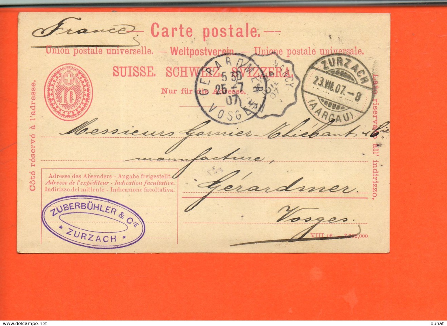 Suisse - ZURZACH - Zuberbühler & Cie  - Entiers Postaux  - Année 1907 - Zurzach