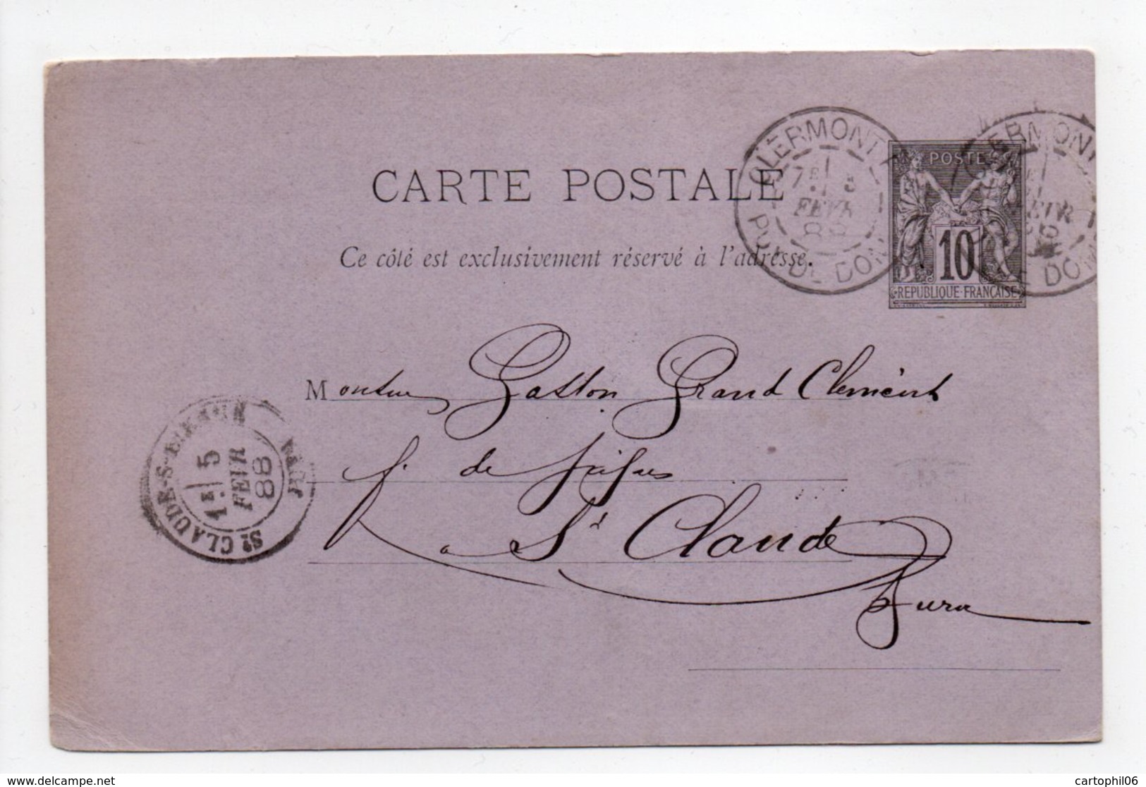 - Carte Postale FABRIQUE DE PIPES CHOLET, CLERMONT-FERRAND Pour SAINT-CLAUDE 3 FEVR 1888 - 10 C. Noir Type Sage - - Postales Tipos Y (antes De 1995)
