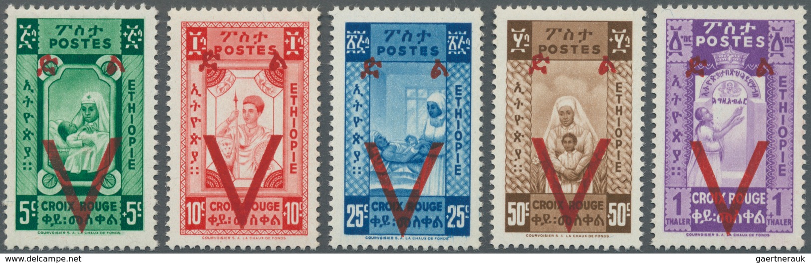 Äthiopien: 1945, Victory Issue Unissued Red Cross Stamps With Opt. Of A Large 'V' Complete Set Of Fi - Äthiopien