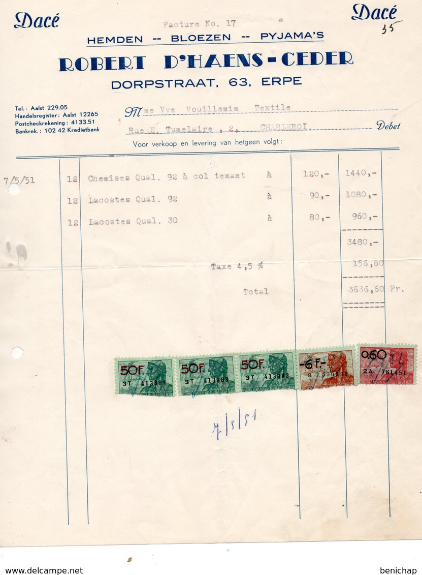 Dacé - R. D'Haens-Ceder - Erpe - Hemden - Bloezen - Pyjama's - 7 Mai 1951. - Kleidung & Textil