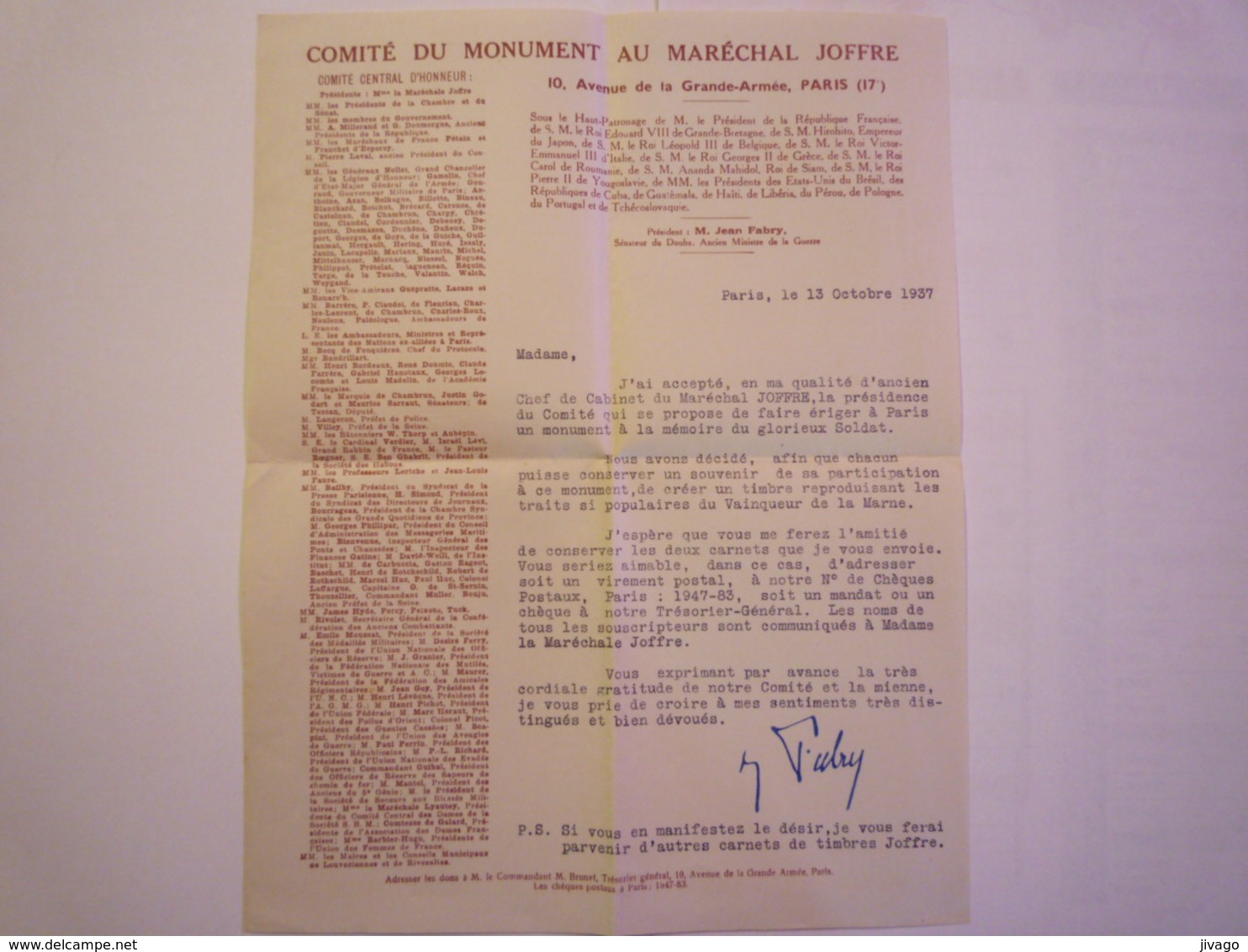 2020 - 5762  LETTRE Du Comité Du MONUMENT Au Maréchal FOCH  1937  (Projet D'érection D'un Monument)   XXX - Non Classés