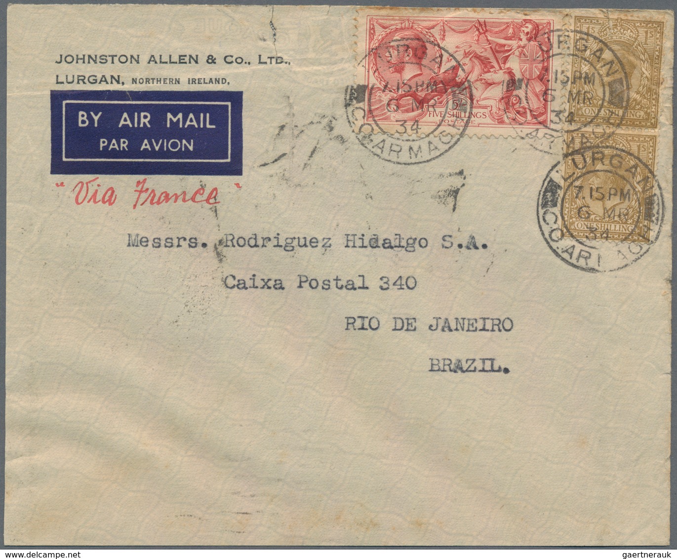 Großbritannien: 1933/1940, Lot Of Seven Commercial Airmail Covers (six Of Them Sent From Lurgan, Nor - Briefe U. Dokumente