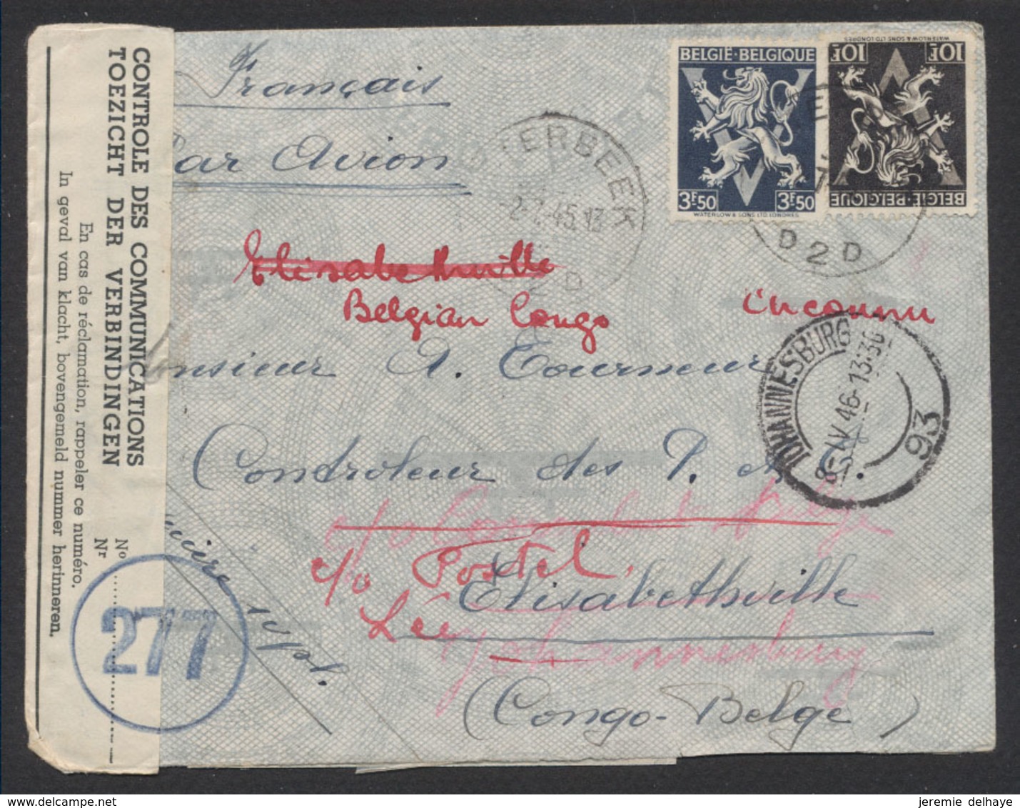 Guerre 40-45 - N°687 Et 689 Sur Lettre Par Avion De Etterbeek (1945) > Elisabethville (Congo) Via Afrique Du Sud. Double - Weltkrieg 1939-45 (Briefe U. Dokumente)