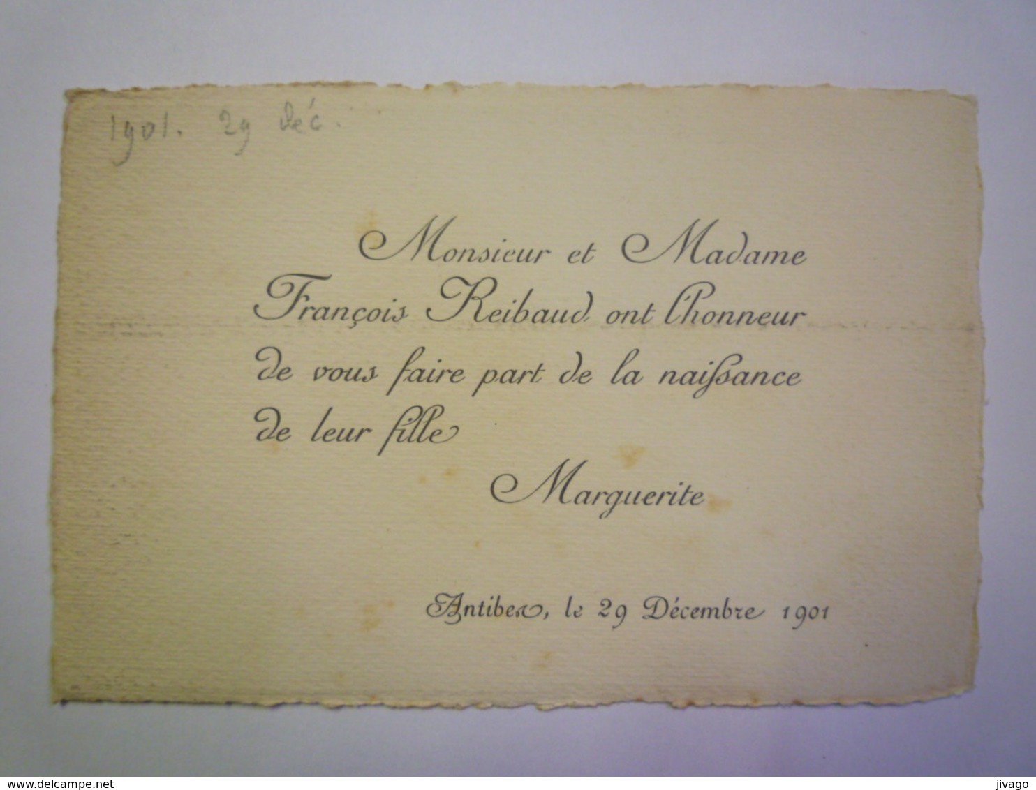 2020 - 5768  FAIRE-PART De NAISSANCE De Marguerite REIBAUD  29 Décembre 1901  Antibes   XXX - Geburt & Taufe