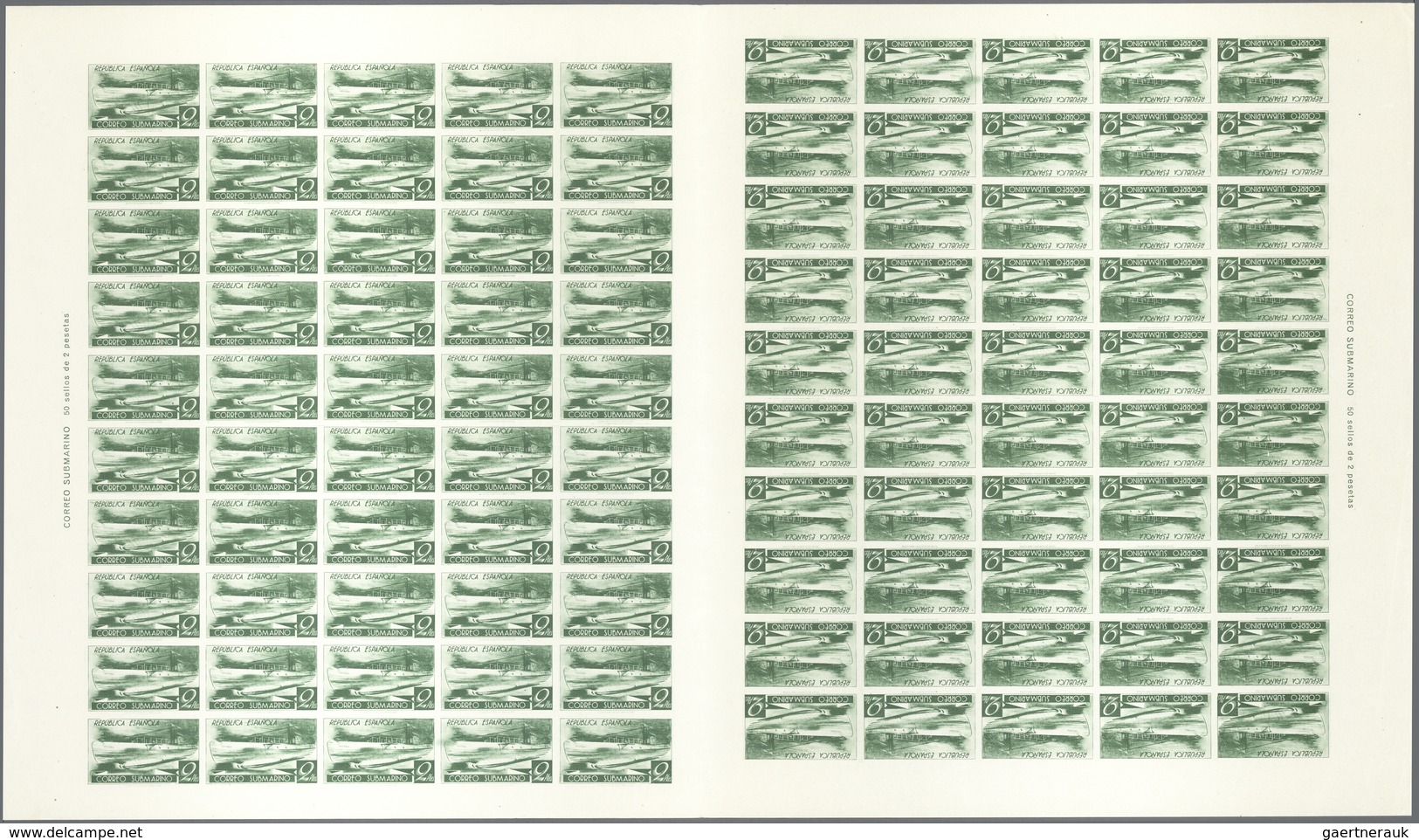 Spanien: 1938, Submarine Mail, 2pts. Yellow Green Imperforate, (folded) Tête-bêche Gutter Sheet Of 1 - Unused Stamps