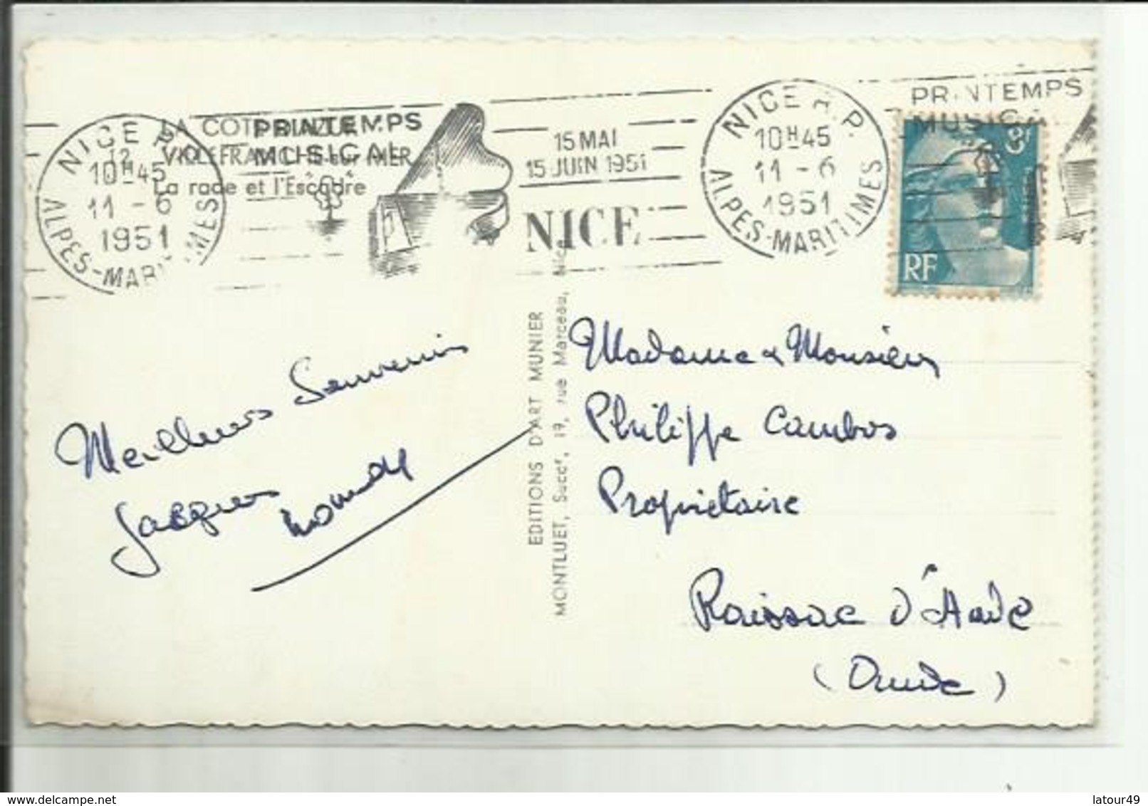 CARTE POSTALE VILLEFRANCHE SUR MER    TAMPON  NICE Printemps Musical Juin 1951 - Pseudo-entiers Privés