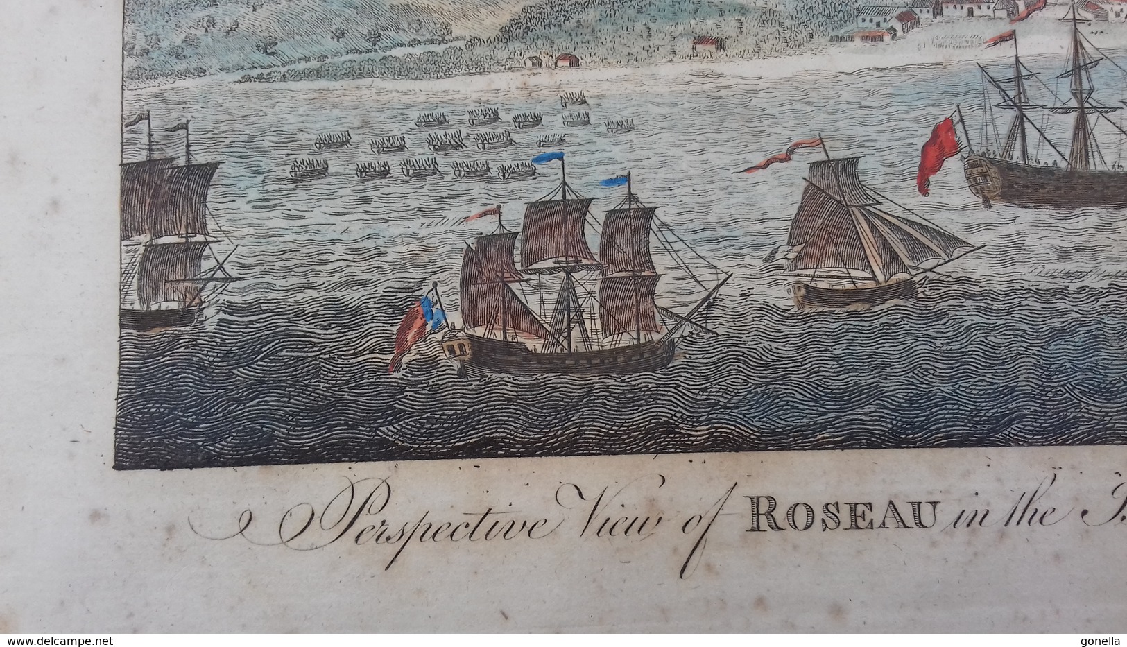 Vieille Gravure "Perspective View Of Roseauin The Island Of Dominica In The West Indies" - Estampes & Gravures