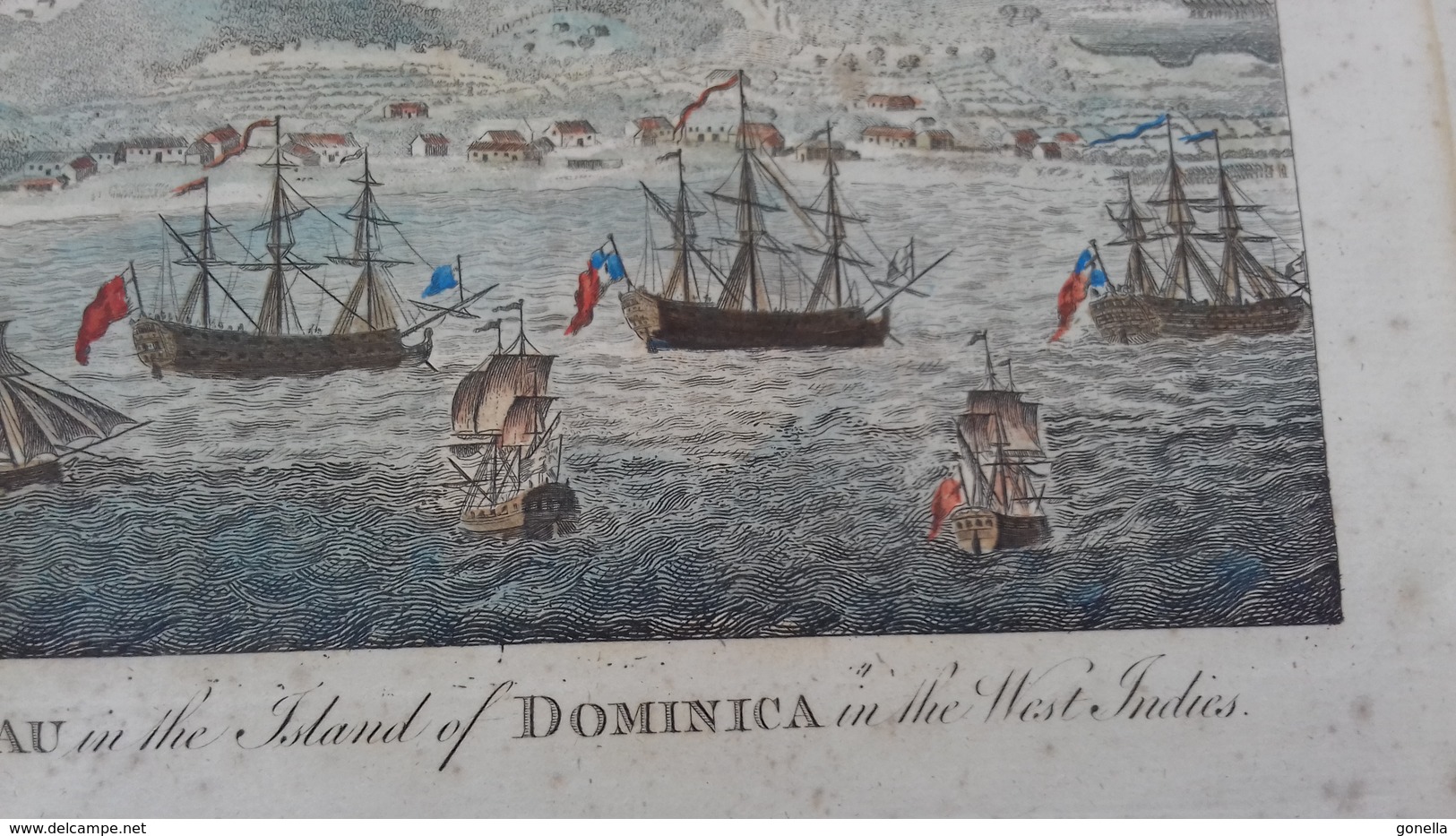 Vieille gravure "Perspective view of Roseauin the island of Dominica in the west Indies"