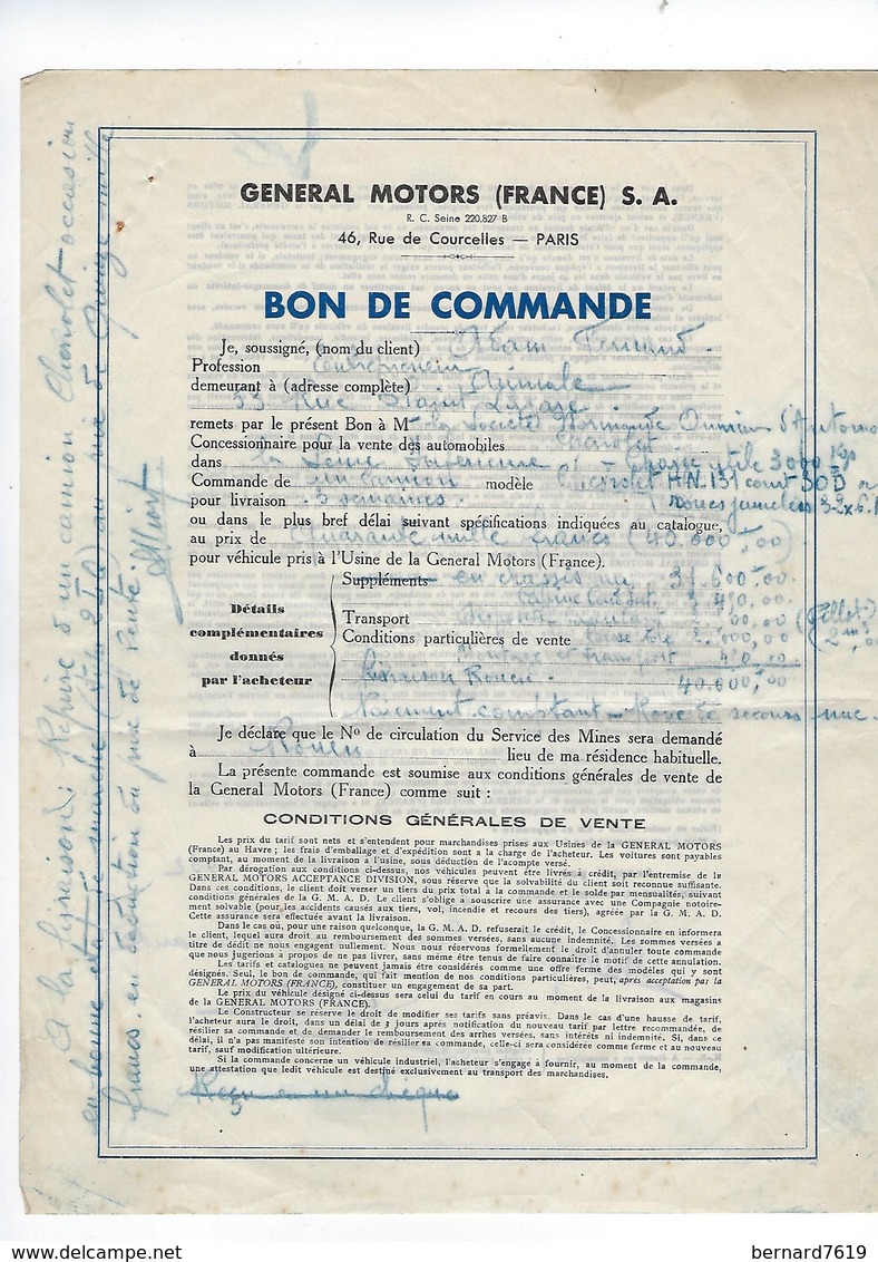 Document Bon De Commande   1932 General Mtors Francz S A  46 Rue De Courcelles 75 Paris - Cars