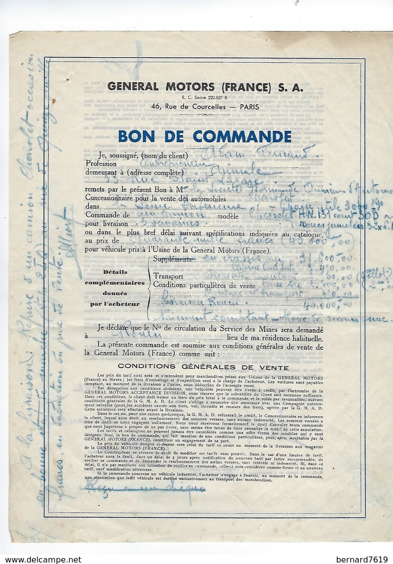 Document Bon De Commande   1932 General Mtors Francz S A  46 Rue De Courcelles 75 Paris - Cars