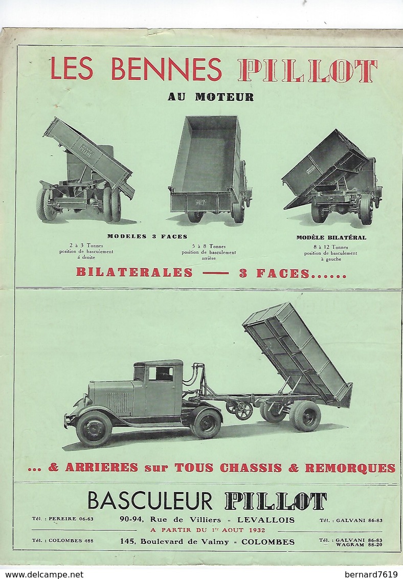 Document  Publicitaire Depliant  2 Pages  Bennes  Basculeur Pillot  92 Levallois Perret Annee 1932 - Cars