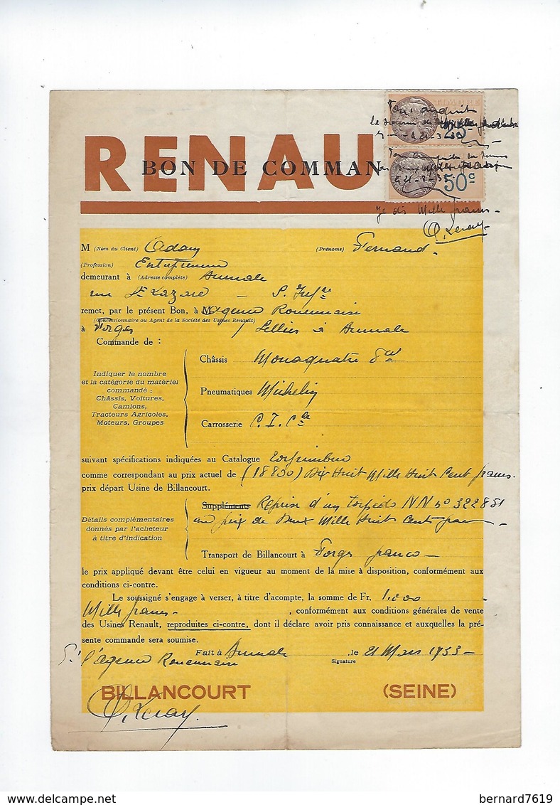 Document Bon De Commande Renault  92 Billancourt Annee 1933 - Cars