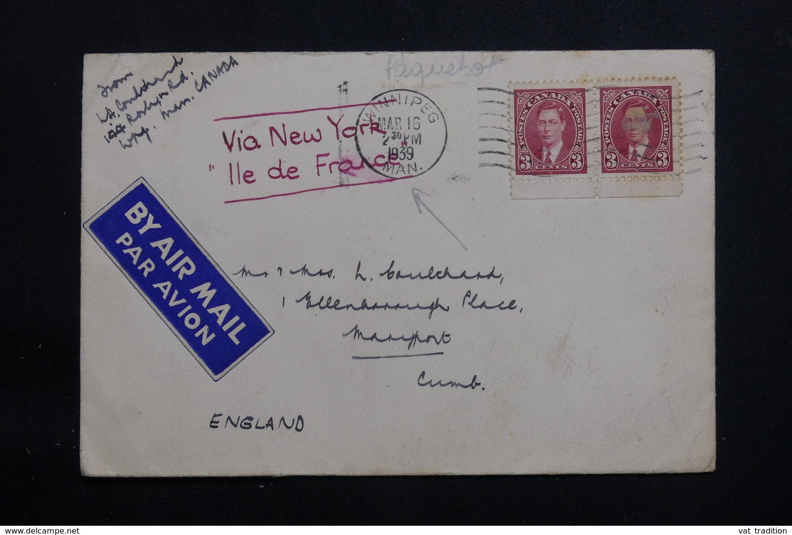 CANADA - Enveloppe De Winnipeg Pour La GB En 1933 Par Bateau Via New York " Ile De France " + Avion - L 61441 - Covers & Documents
