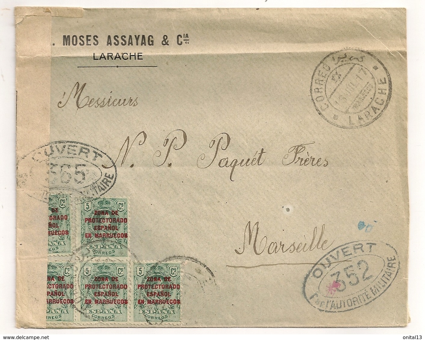 1917 DE LARACHE  MOSES ASSAYAG A MARSEILLE/ CENSURE MILITAIRE /  ZONE DE PROTECTORADO ESPANOL EN MARRUECOS    C311 - Spanisch-Marokko