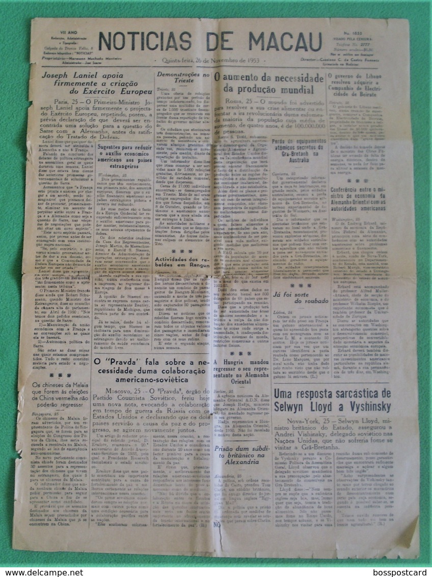 Macau - Jornal Notícias De Macau, Nº 1855, 26 Novembro De 1953 - Imprensa - Macao - China - Portugal - Allgemeine Literatur