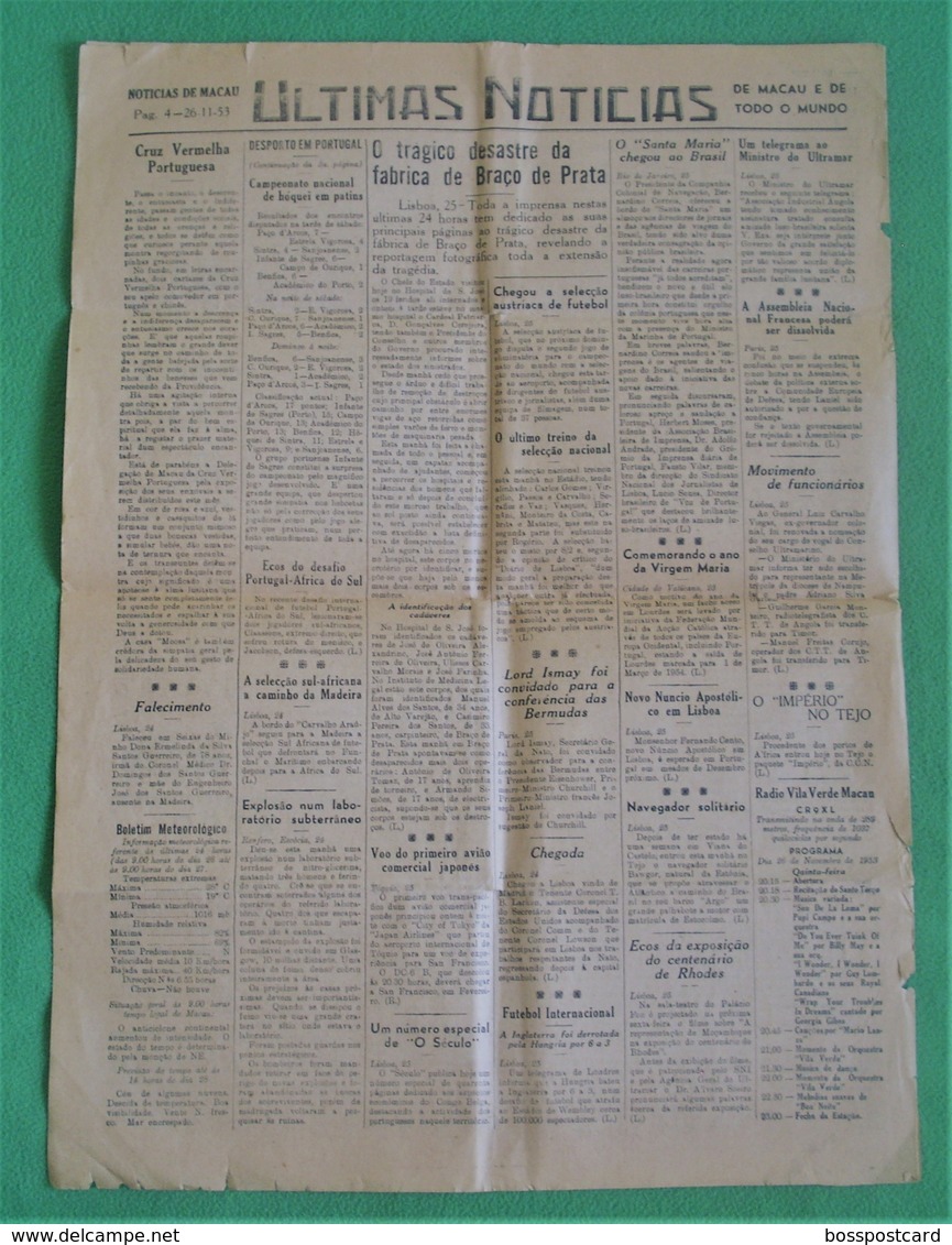 Macau - Jornal Notícias De Macau, Nº 1855, 26 Novembro De 1953 - Imprensa - Macao - China - Portugal - Allgemeine Literatur