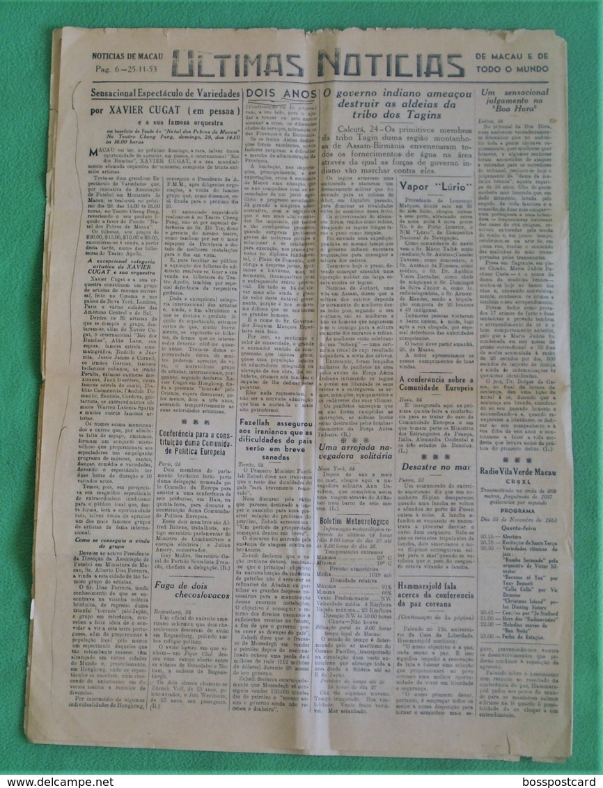 Macau - Jornal Notícias De Macau, Nº 1854, 25 Novembro De 1953 - Imprensa - Macao - China - Portugal - Algemene Informatie