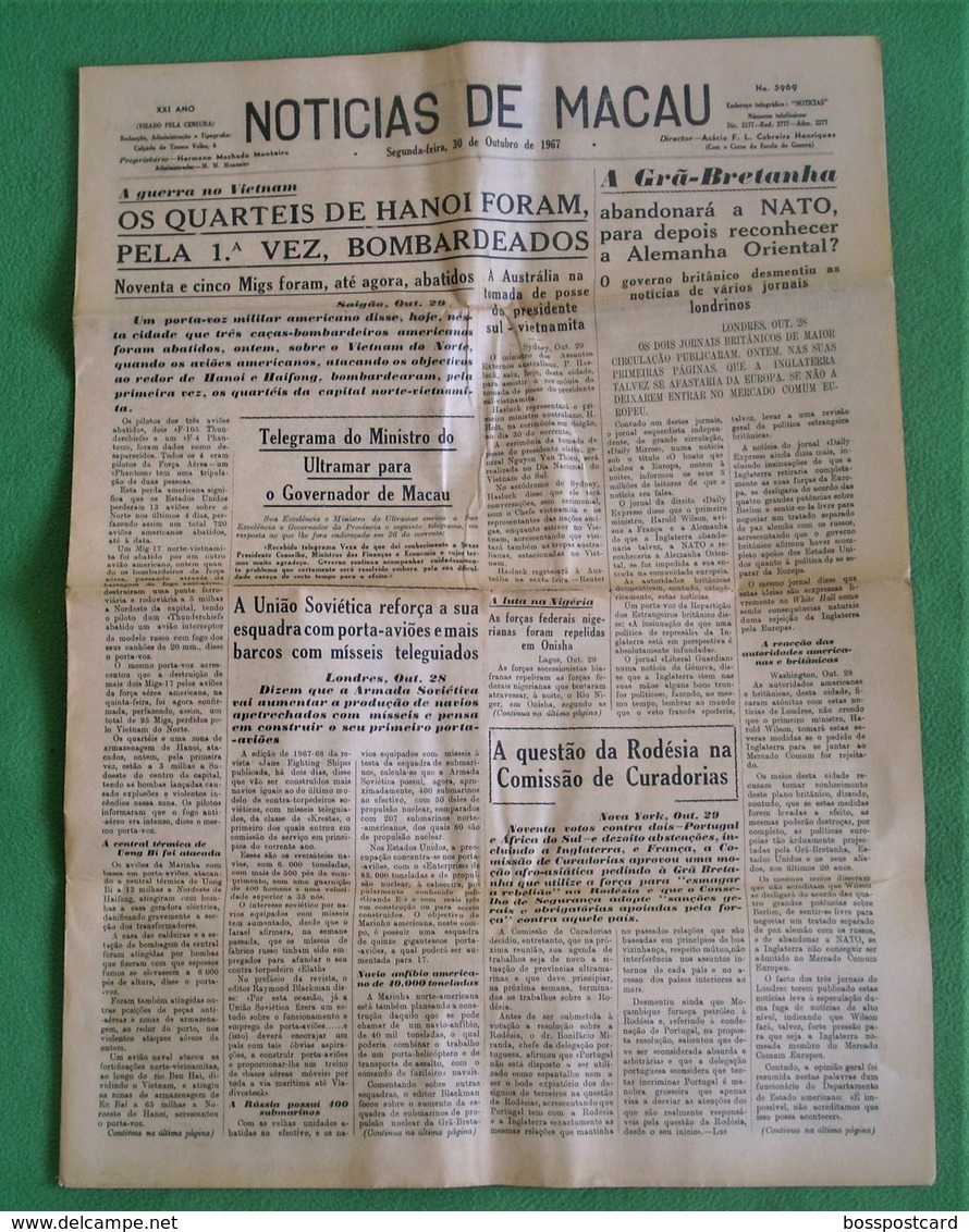 Macau - Jornal Notícias De Macau, Nº 5969, 30 Outubro De 1967 - Imprensa - Macao - China - Portugal - Informations Générales