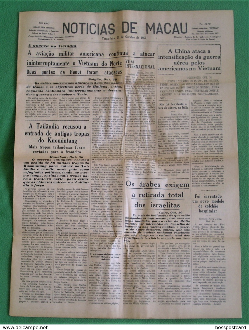 Macau - Jornal Notícias De Macau, Nº 5970, 31 Outubro De 1967 - Imprensa - Macao - China - Portugal - Informations Générales