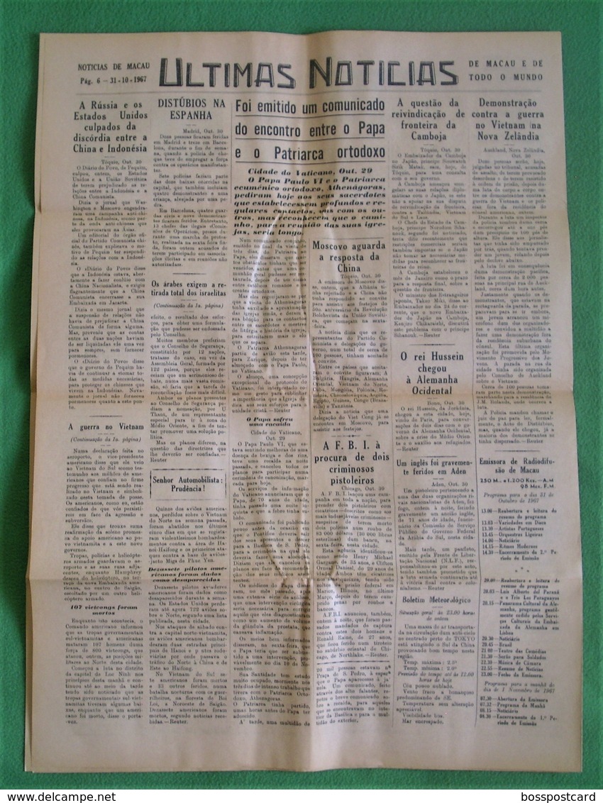 Macau - Jornal Notícias De Macau, Nº 5970, 31 Outubro De 1967 - Imprensa - Macao - China - Portugal - Informaciones Generales