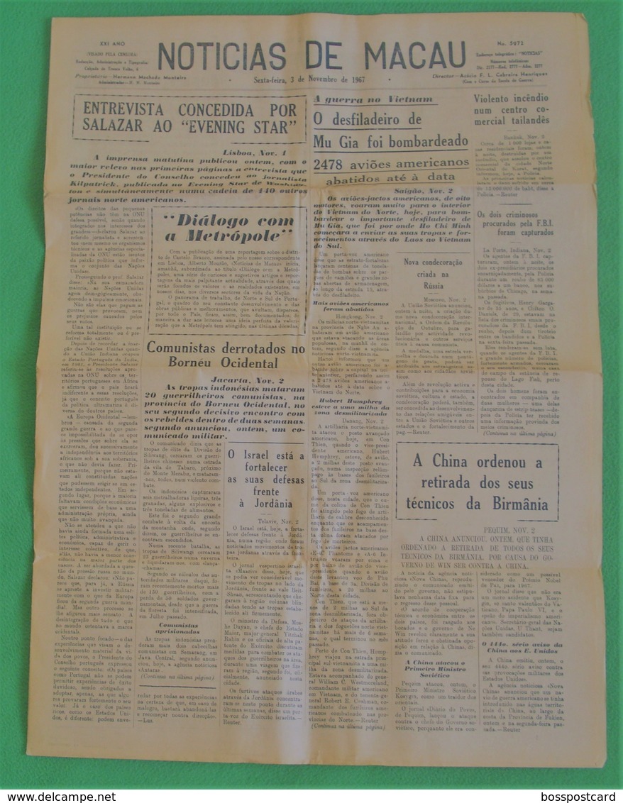 Macau - Jornal Notícias De Macau, Nº 5972, 3 Novembro De 1967 - Imprensa - Macao - China - Portugal - Informaciones Generales