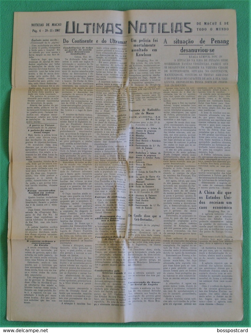Macau - Jornal Notícias De Macau, Nº 5994, 29 Novembro De 1967 - Imprensa - Macao - China - Portugal - General Issues
