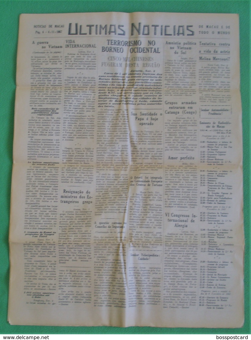 Macau - Jornal Notícias De Macau, Nº 5973, 4 Novembro De 1967 - Imprensa - Macao - China - Portugal - Algemene Informatie