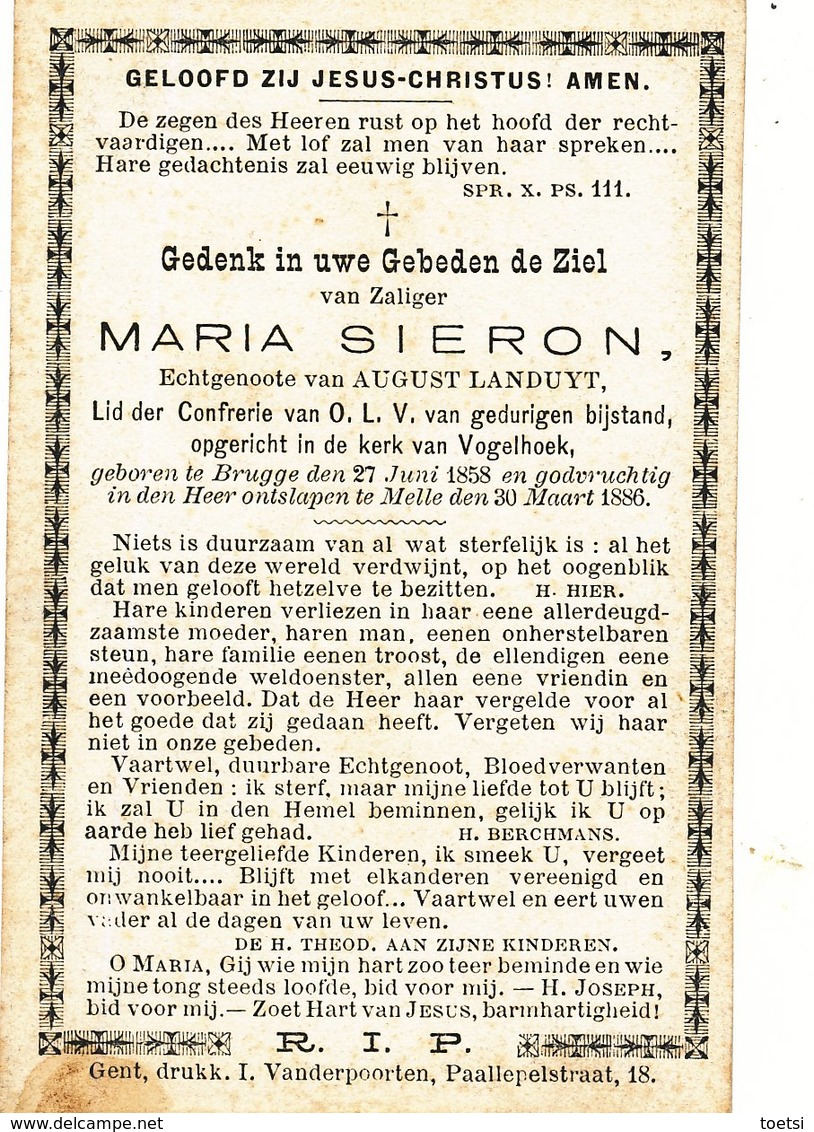 Doodsprentje  Maria SIERON    Brugge 1858  Melle 1886     Echtg Landuyt - Religión & Esoterismo