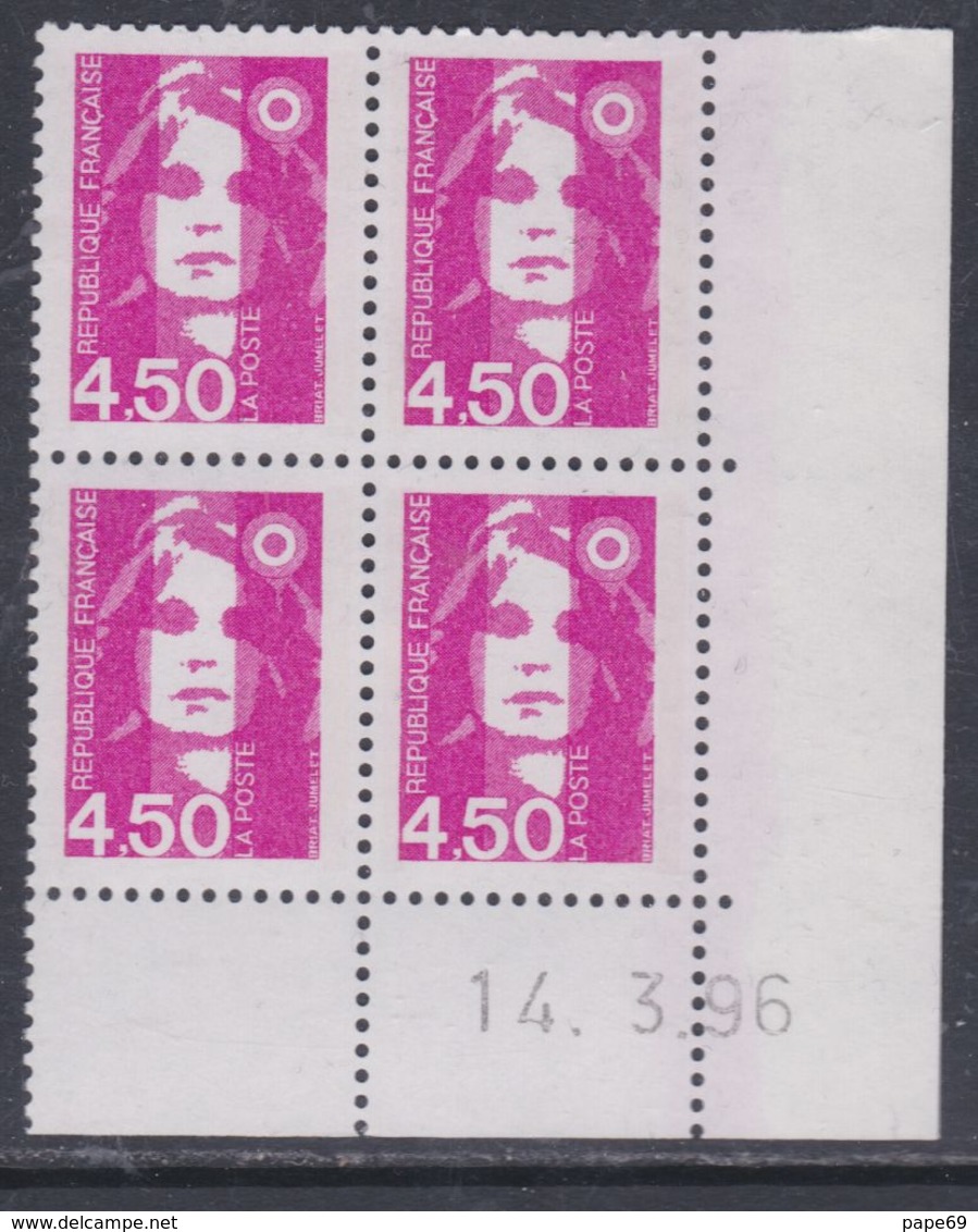 France N° 3007 XX Marianne De Briat 4.50 Rose En Bloc De 4 Coin Daté Du 14 - 3 - 96 ; Sans Charnière TB - 1990-1999