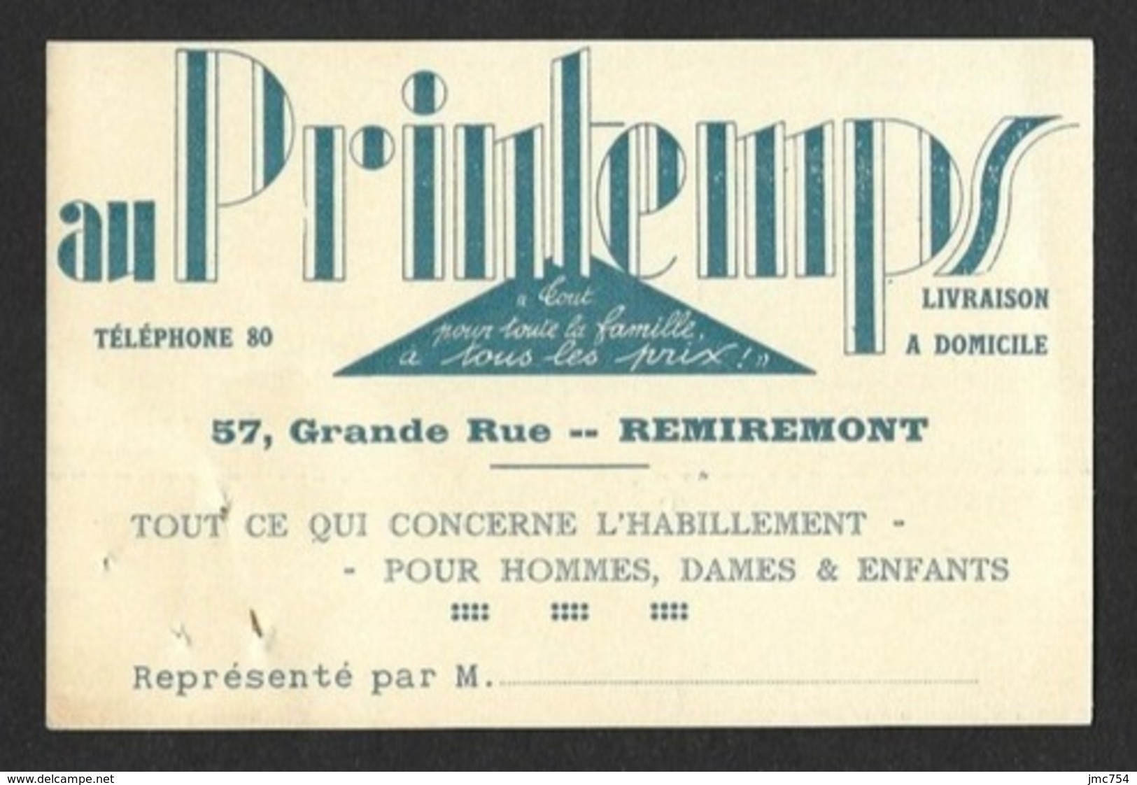 Carte De Visite.  Magasin Au Printemps à Remiremont (88). - Visiting Cards
