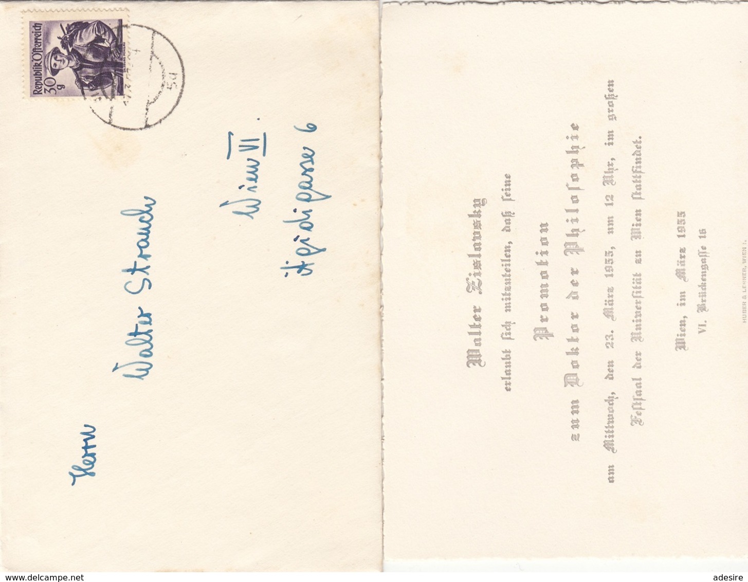 V1 - Österreich 1955 - 30 Gro Auf Brief Mit Inhalt (Promotionskarte Dr.d.Philosophie), Gel.n. Wien VI - Other & Unclassified