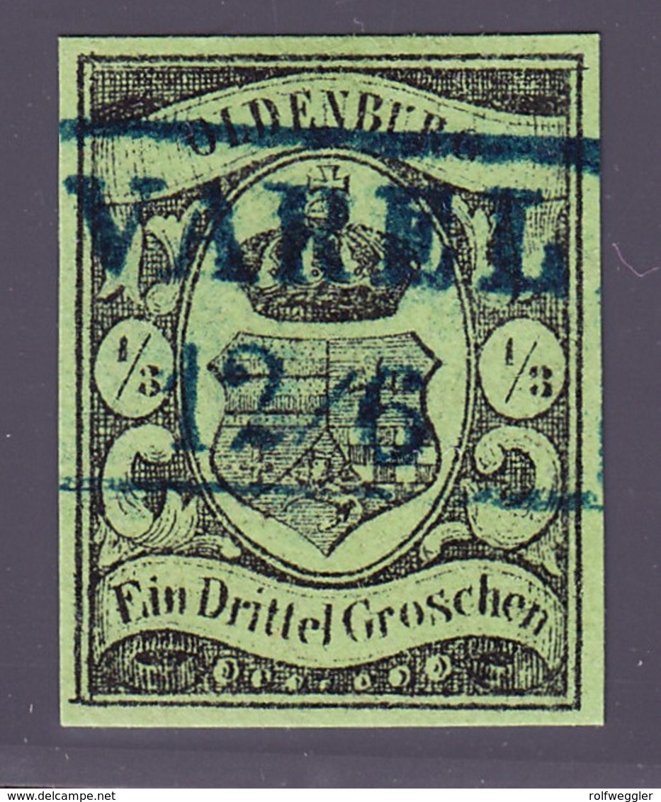 (1859) 1/3 Groschen Schwarz Auf Grün Gestempelt. Sperati Ganzfälschung Rückseitig Gestempelt Mit Sammlungsnummer 313 - Oldenburg