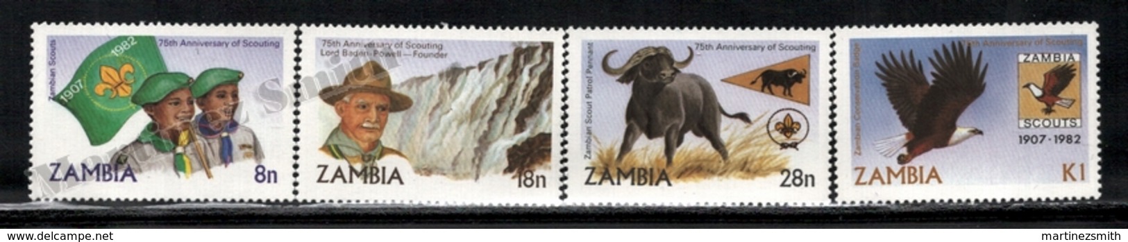 Zambia - Zambie 1982 Yvert 258-61, Organizations. Children. Scouts 75th Anniv. Fauna. Buffalo & Eagle - MNH - Zambia (1965-...)