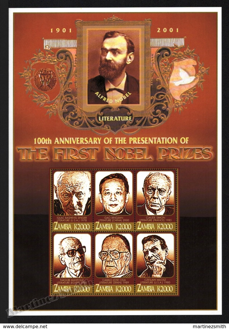 Zambia - Zambie 2002 Yvert 1194-99, Awards. Famous People. Nobel Prize Centenary. Literature Winners -Sheetlet - MNH - Zambia (1965-...)