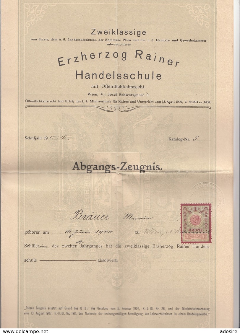 V1 - 1916 Abgangszeugnis Der Erzherzog Rainer Handelsschule, Dok. 2 Seitig A3 Format, Gefaltet - Autres & Non Classés