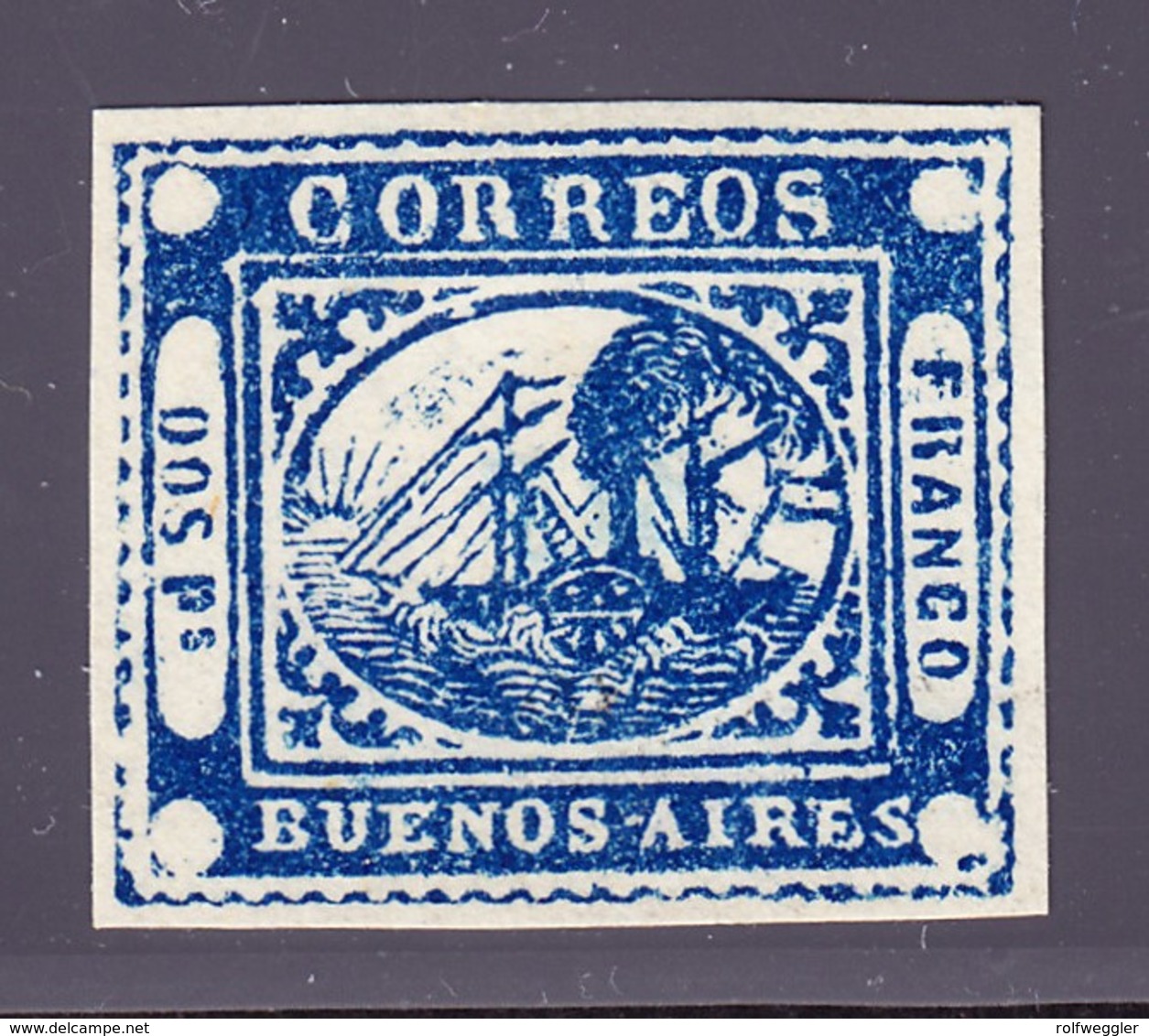 (1858) Provinz Buenos Aires DOS, Ps Blau. Sperati Ganzfälschung Rückseitig Gestempelt Mit Sammlungsnummer 313 - Buenos Aires (1858-1864)