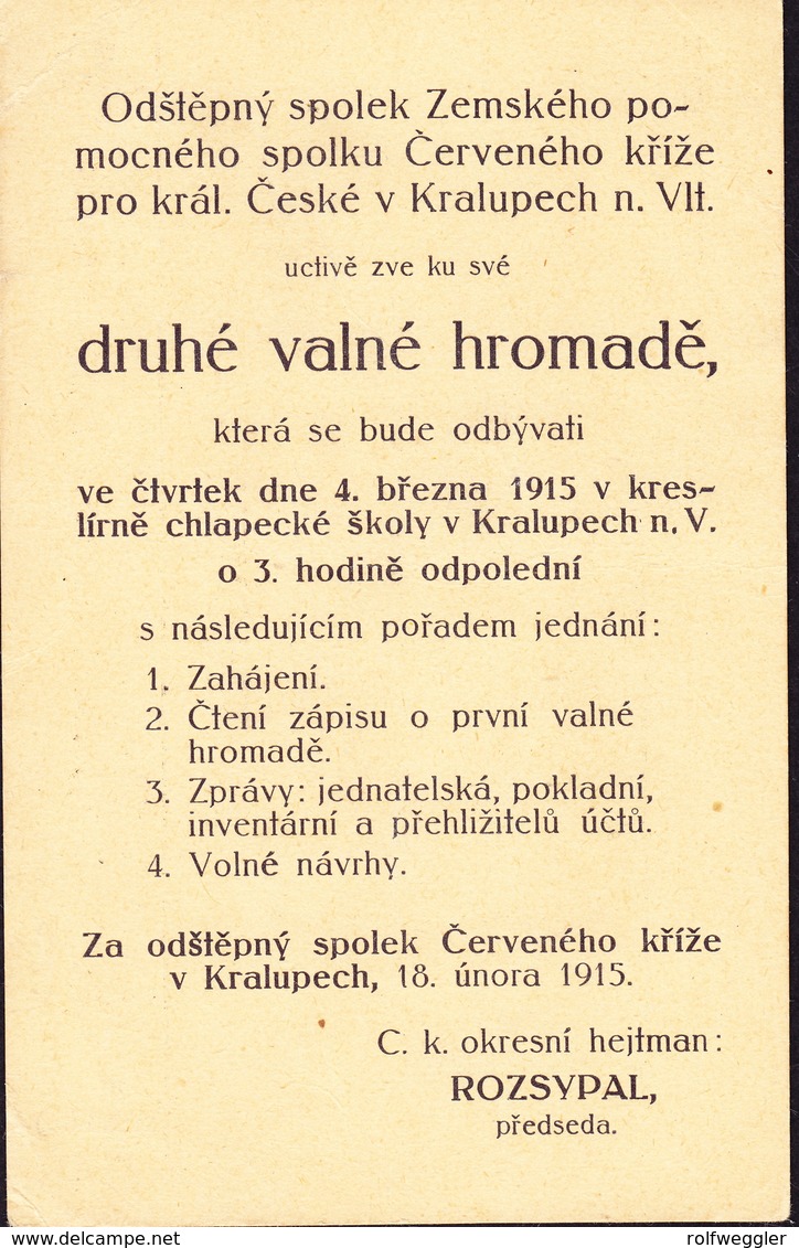 1915 Rot Kreuz Drucksachen Karte Nach Kralupech. - ...-1918 Préphilatélie