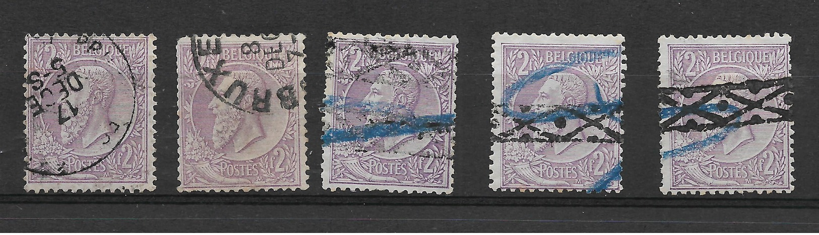 émission Léopold II - Solde Lot De 5 Timbres N° 52  2F Violet Sur Gris   Certains Avec Défauts Voir Les 2 Scans - 1884-1891 Leopold II