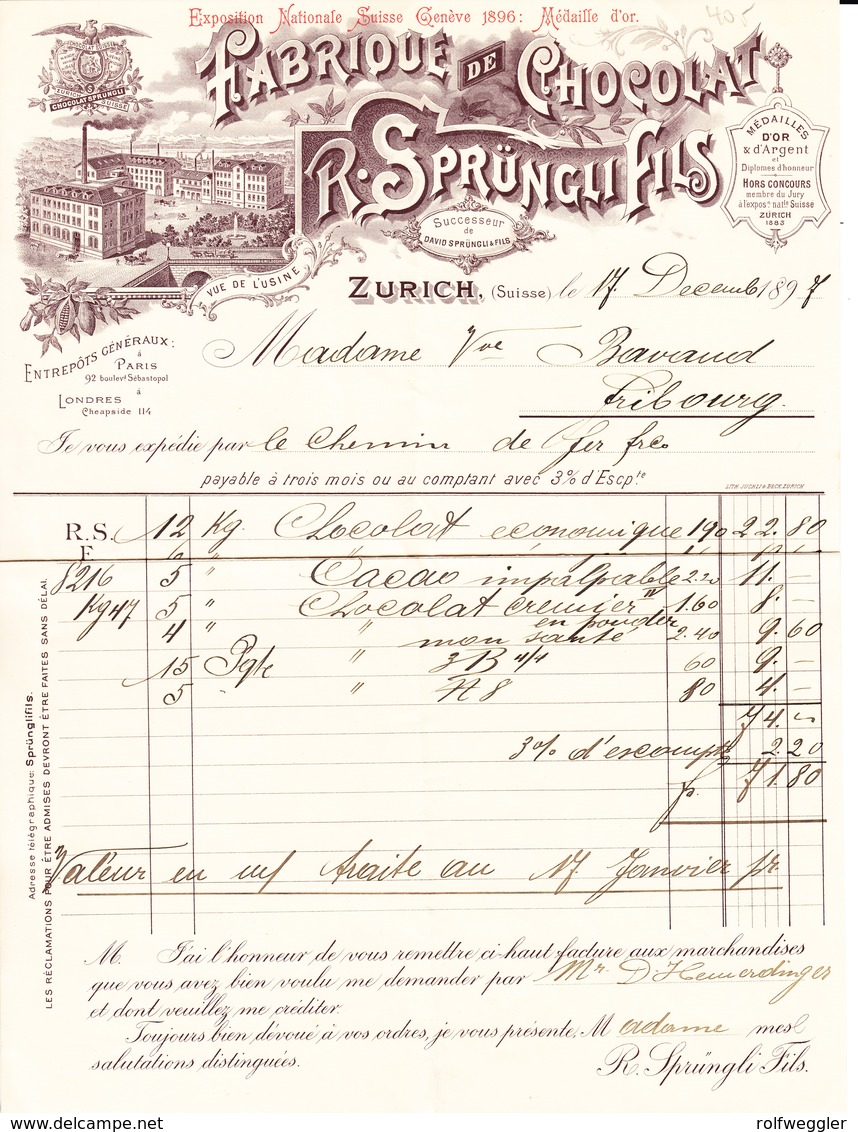 1897 Rechnung Der Schokoladen Fabrik R. Sprüngli. Zürich - Switzerland