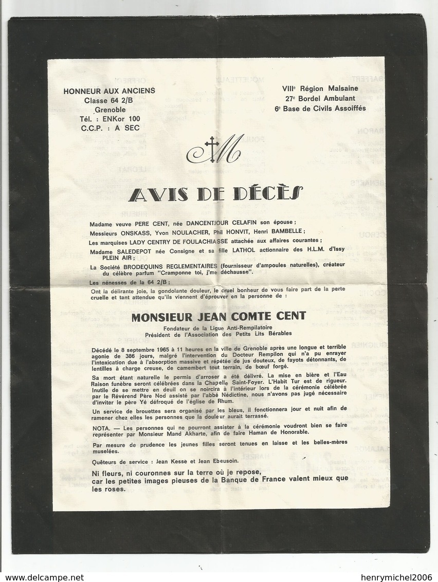 Militaria Lettre Avis De Décès Père Cent Grenoble 27 Bca Papier Double - Dokumente