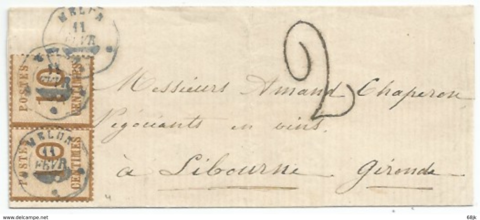 55P - Cachet Télégraphique MELUN - Février 1871 - Pour LIBOURNE Gironde - Taxe Française 2 Décimes - Mixte - - War 1870