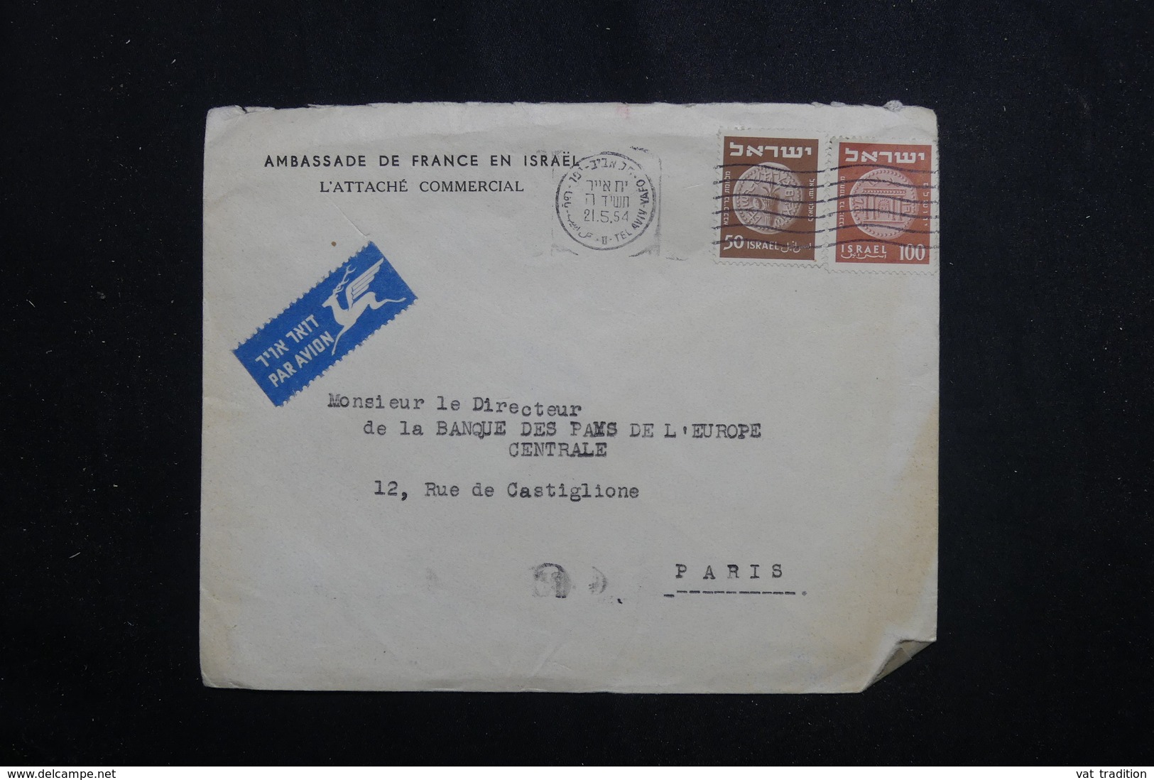 ISRAËL - Enveloppe De L 'Ambassade De France Pour Paris En 1954, Affranchissement De Tel Aviv Plaisant - L 61575 - Brieven En Documenten