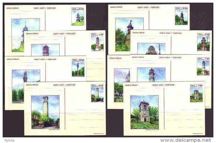 2001 TURKEY CLOCK TOWERS - (9x) POSTCARDS SET - Postal Stationery